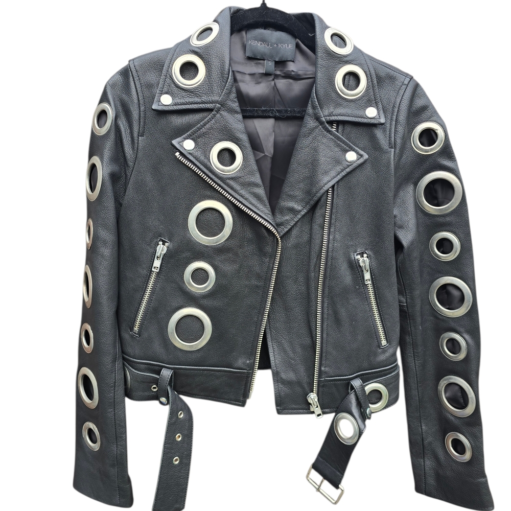 Kendall & Kylie grommet black Genuine leather moto jacket RARE FIND